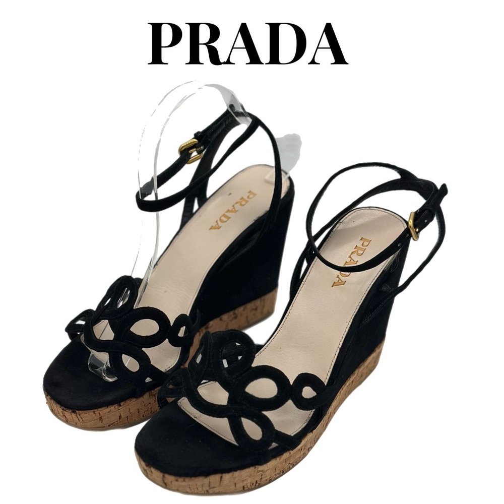 Prada Black Suede Cork Wedge Sandals – Size 39 EU